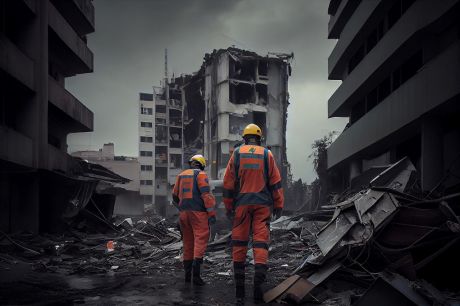 Helfer stehen vor Trümmern bei Erdbeben